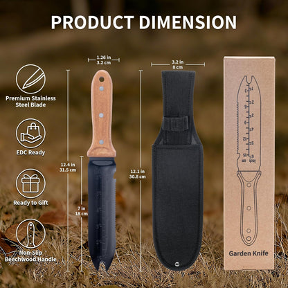 YANG Hori Hori Garden Knife, 7" Stainless Steel Gardening Knife with Oxford Cloth Sheath, Full Tang Beechwood Handle EDC Garden Tool for Dividing Plants & Weeding, Forked Tip for Transplanting