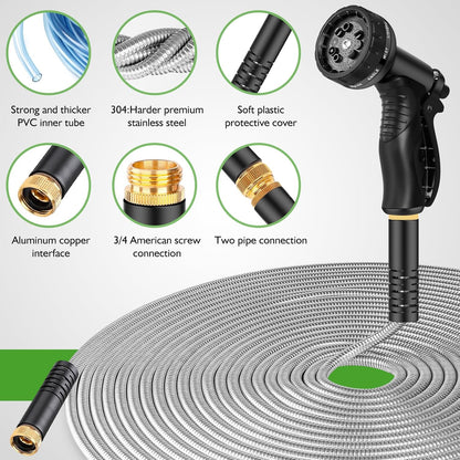 Garden Hose Metal 150FT, Stainless Steel Heavy Duty Water Hose With 10 Function Nozzle, No-Kink, Tough & Flexible, Sturdy and Lightweight, Rust Proof for Yard, Outdoor, RV