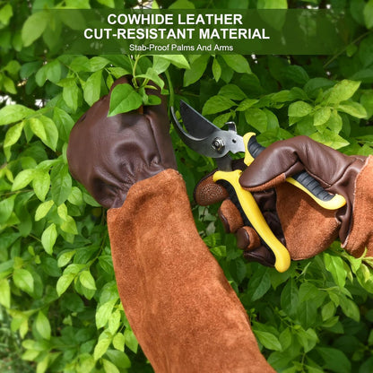 Long Gardening Gloves for Women Thorn Proof,Rose Pruning Cowhide Leather Garden Gloves for Cactus, Rose and Blackberry