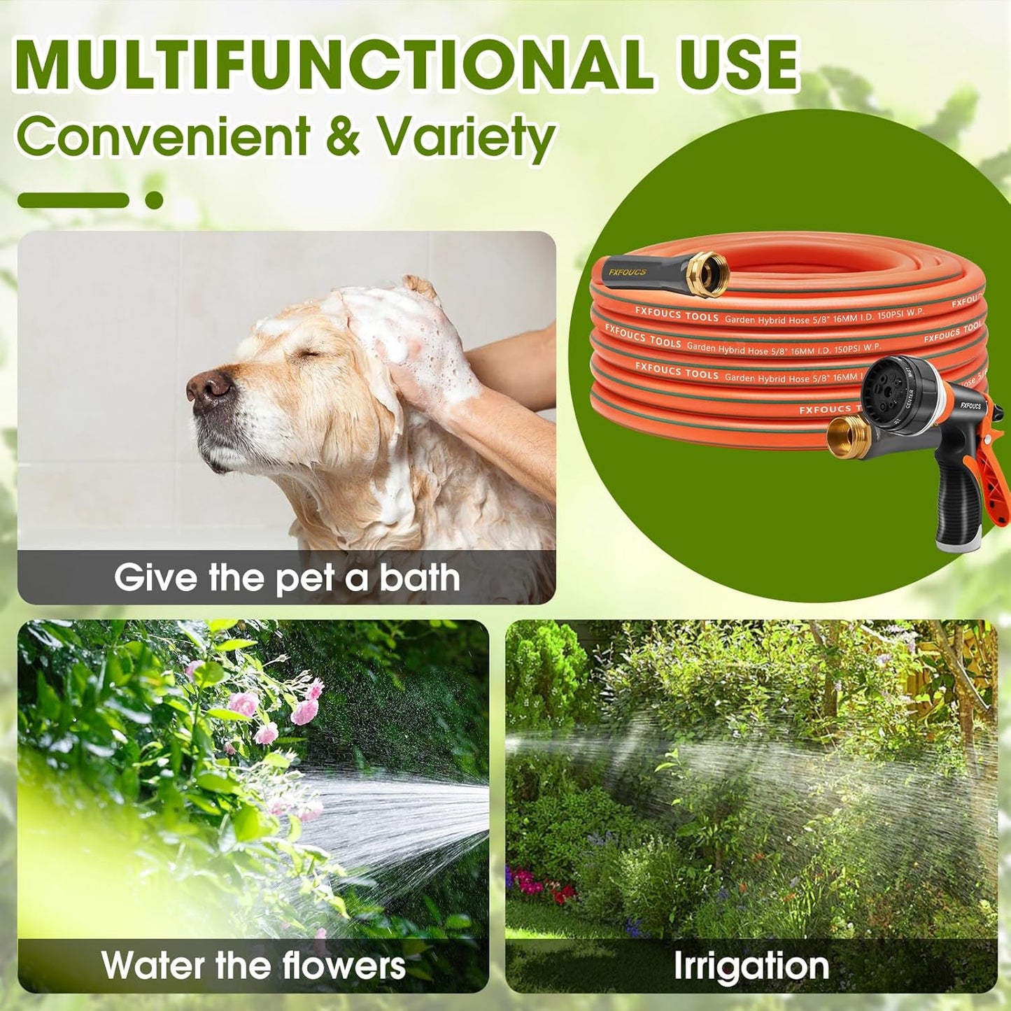 Heavy Duty Garden Hose – 5/8 Inch Flexible, Lightweight Hybrid Hose with 600 PSI Burst Pressure, Swivel Handle, and Durable Copper Male/Female Fittings (Orange with hose sprayer, 50FT)