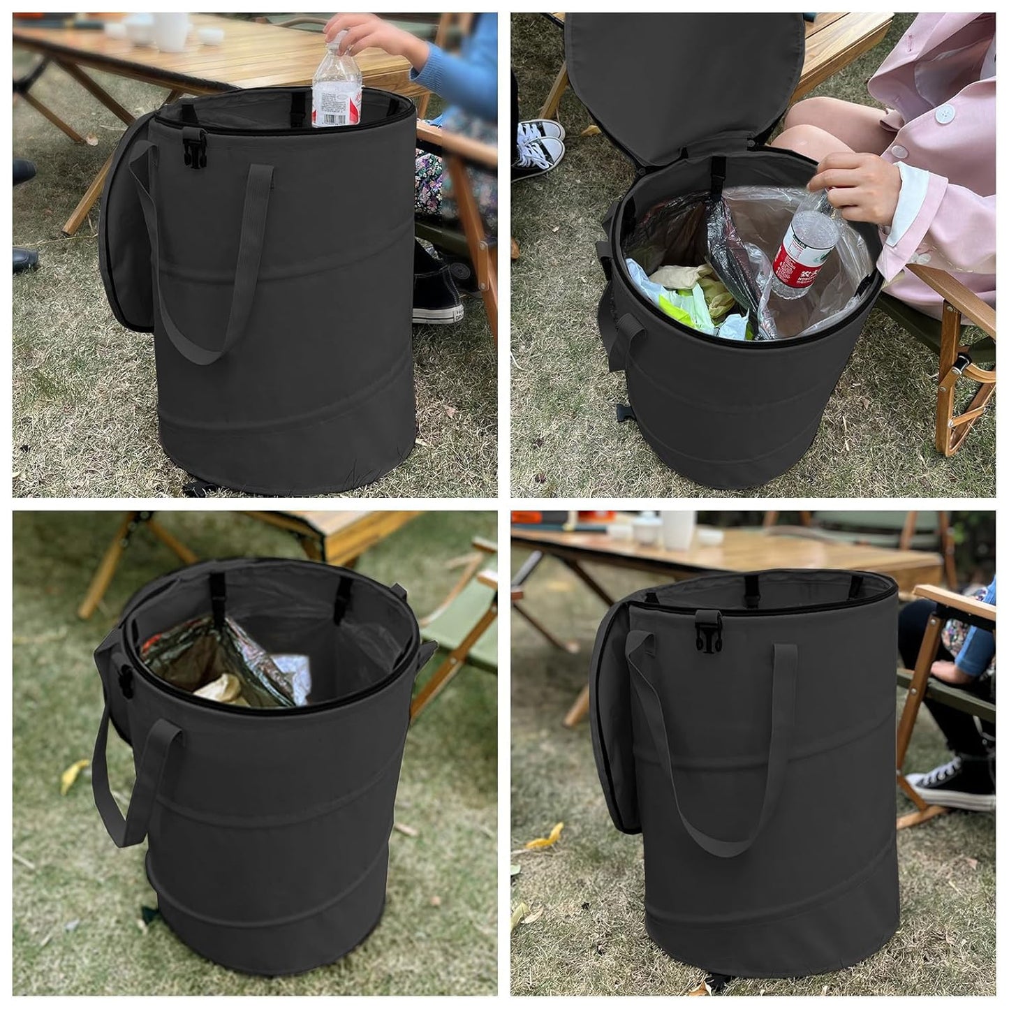 Pop up Camping Trash can with lid, 2-Pack Collapsible 24 Gallons Trash can with Sorting Clips, Garden Garbage Bag with Lid, Lawn and Leaf Bags - Reusable Yard Waste Bags (2Pcs-Black)