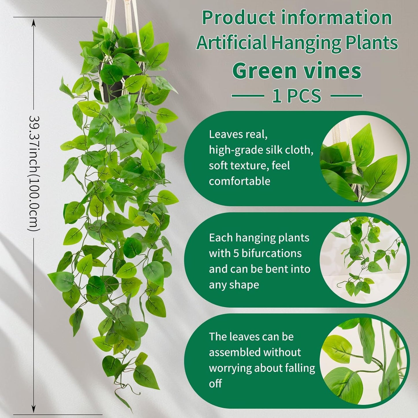 Fake Pothos in Rope - Hanging Pot, Artificial Pothos Plants for Home Decor Indoor Macrame Plant Hanger with Faux Vine Hanging Planter Greenery for Bedroom Bathroom Kitchen Office Decor