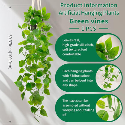 Fake Pothos in Rope - Hanging Pot, Artificial Pothos Plants for Home Decor Indoor Macrame Plant Hanger with Faux Vine Hanging Planter Greenery for Bedroom Bathroom Kitchen Office Decor