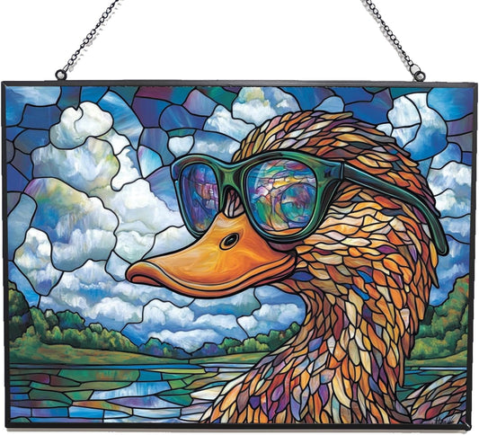 Personalized Rectangle Boho Duck Studying Clouds Stained Glass Window Hanging, Suncatcher for