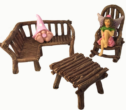 GlitZGlam Miniature Fairy Garden Furniture 3-Piece: Rustic Wood Bench, Rocking Chair and Miniature Table for The Garden Fairies