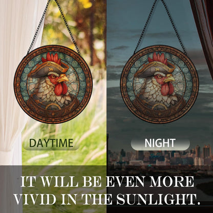 Chicken Suncatcher Stained Glass Garden Window Hanging, Vintage Rooster Sun Catchers Indoor Window Glass Round Wall Decor, Chicken Wall Art Hanging Decorations, ＂7.8x7.8＂