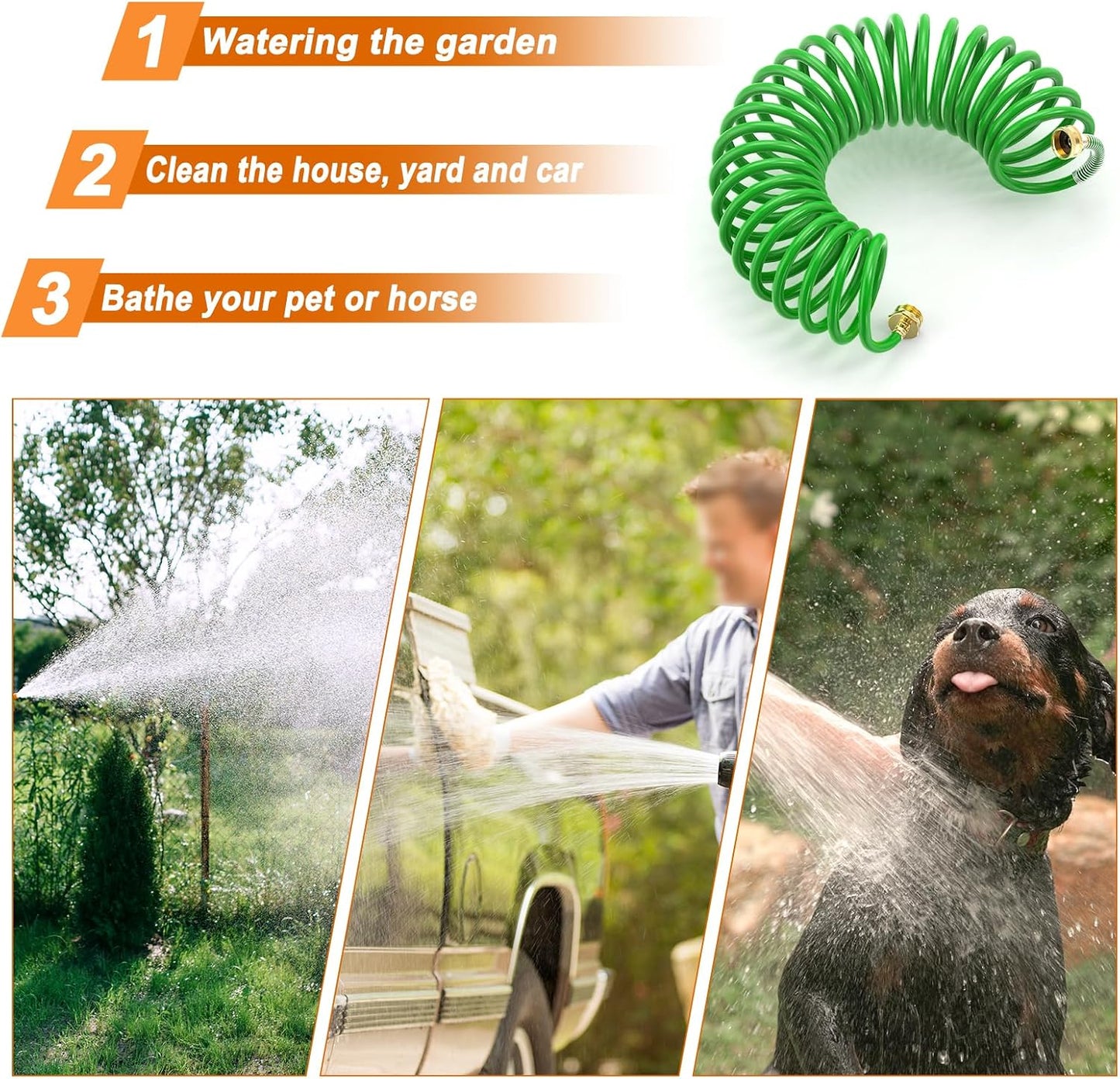 GASHER 25FT PU Recoil Garden Water Hose with 3/4"Inch Brass Fittings Retractable, Swivel Female for Boating, Pool & Spa, RV, Home and Garden（Green)
