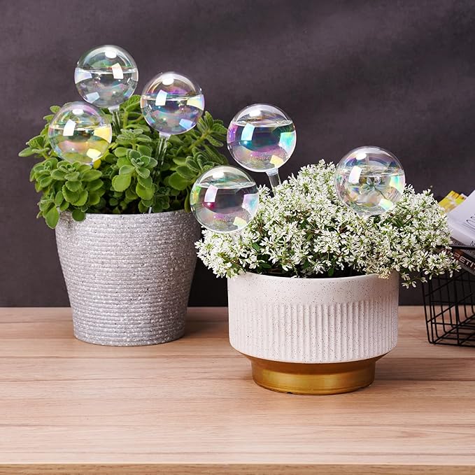 [6 PCS] Light Iridescent Rainbow Gradient Color Clear Glass Self-Watering System Spikes, Automatic Plant Waterer Bulbs