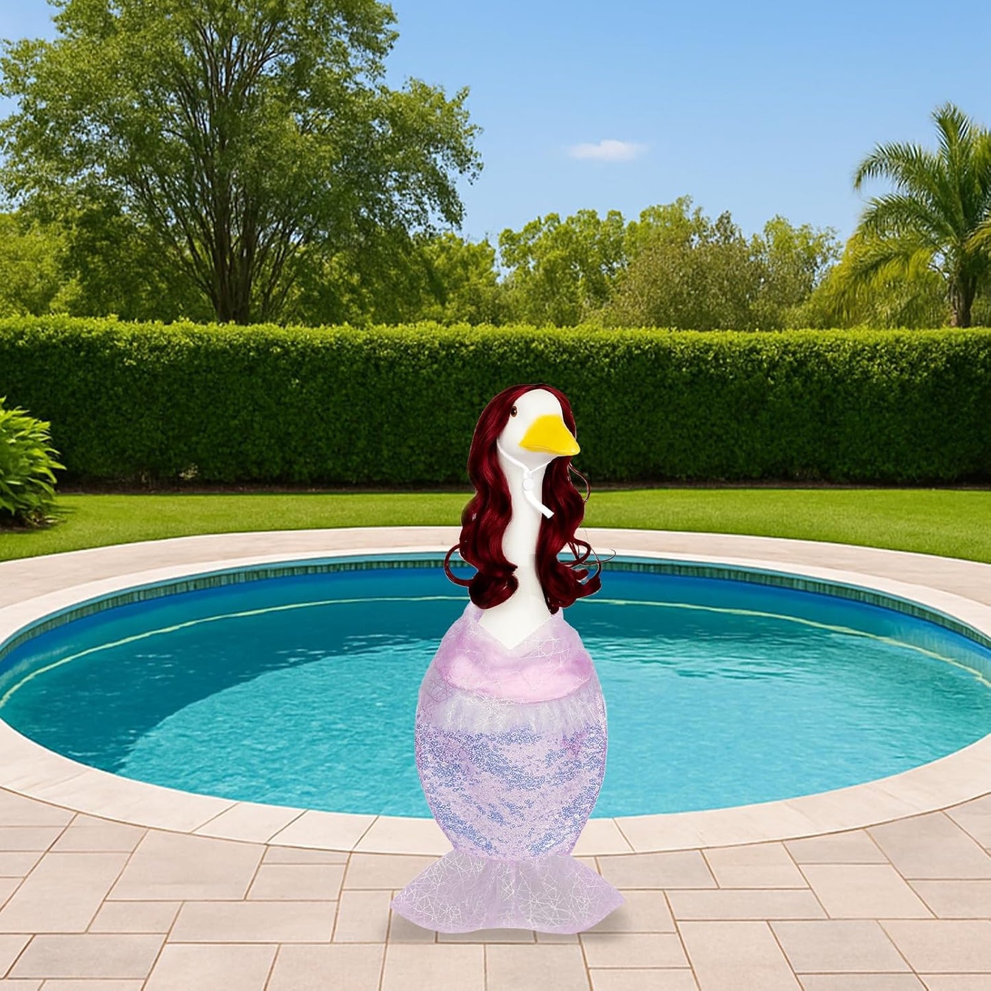 Mermaid Porch Goose Outfits with Red Wigs Colorful Mermaid Goose Costume for 23" Cute Porch Geese Statue Clothes for Summer Outdoor Patio Yard Lawn Decor