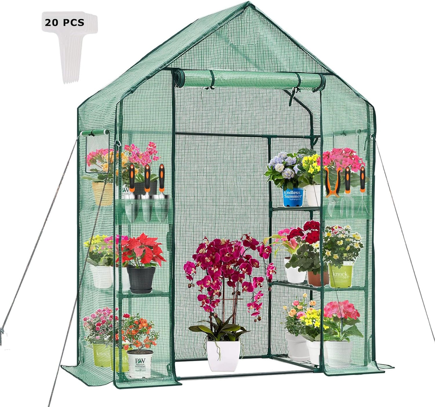 Walk-in Greenhouse 3 Tiers 6 Shelves Roll-Up Zipper Door -28x56x76 inch PE Greenhouse Cover for Outdoor Plant Gardening Plants Cold Frost Protection Wind Rain Proof(PLGHW001G-N)