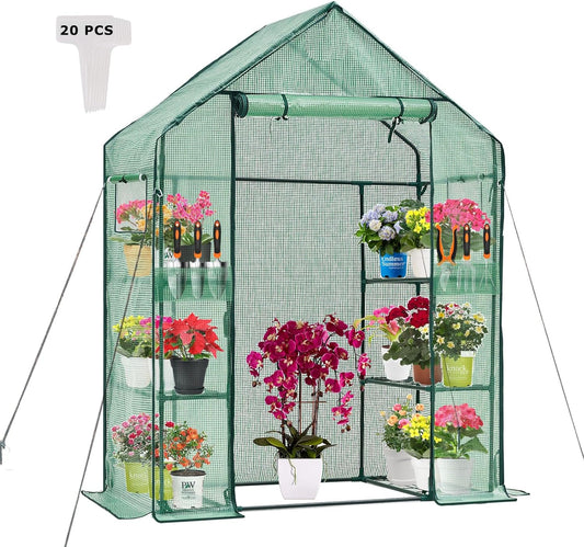 Walk-in Greenhouse 3 Tiers 6 Shelves Roll-Up Zipper Door -28x56x76 inch PE Greenhouse Cover for Outdoor Plant Gardening Plants Cold Frost Protection Wind Rain Proof(PLGHW001G-N)