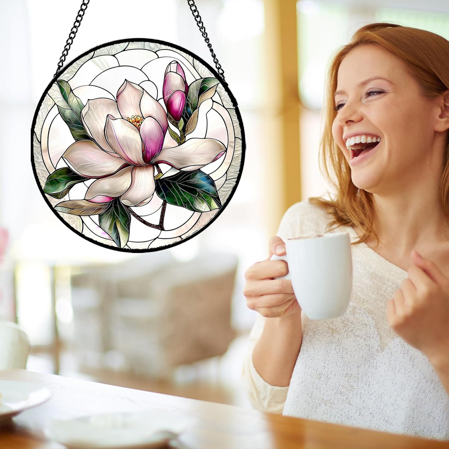 Stained Glass Window Hanging - Pink Magnolia Flower Petal Suncatcher for Doors Window Home Sun Catchers Decor Christmas Mother's Day Birthday Gifts for Teacher Women Men Mom Nana 7.8 in