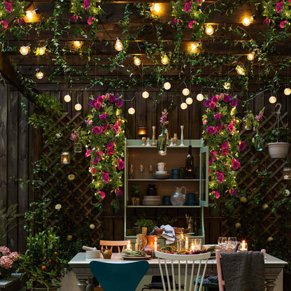 RECUTMS Artificial Hanging Rose Flower 2PCS 3.3Ft Flowers for Outdoors with 30 LED Fairy String Lights Fake Indoor Outdoor Wall Wedding (Purple)