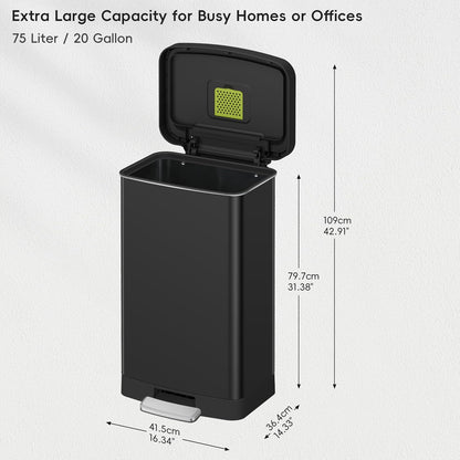 EKO Hudson Matte Stainless Steel 75 Liter/20 Gallon Large Kitchen Trash Can, Tall Step Garbage Can with Rear Bag Storage Compartment (Matte Black)