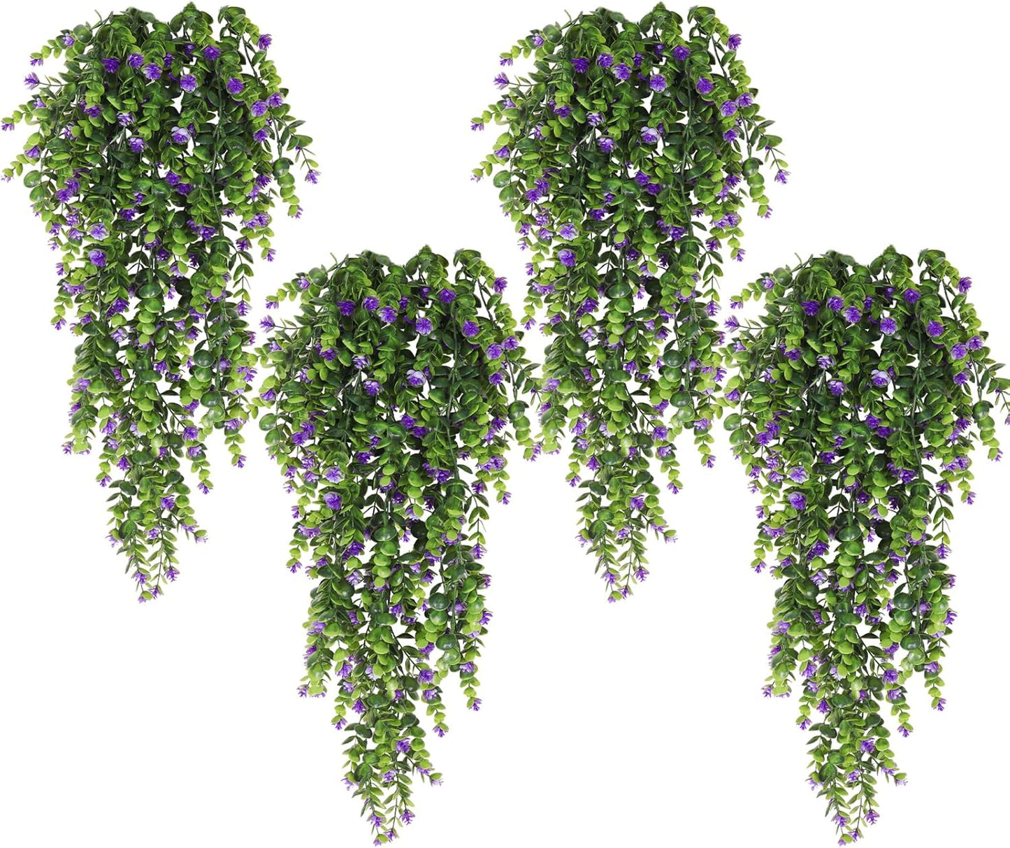 RECUTMS Artificial Hanging Plants 4 Pack Faux Eucalyptus with Flowers Fake Ivy Vine Leaf Plastic Greenery for Wall House Garden Wedding Indoor Outdoor Decoration Purple
