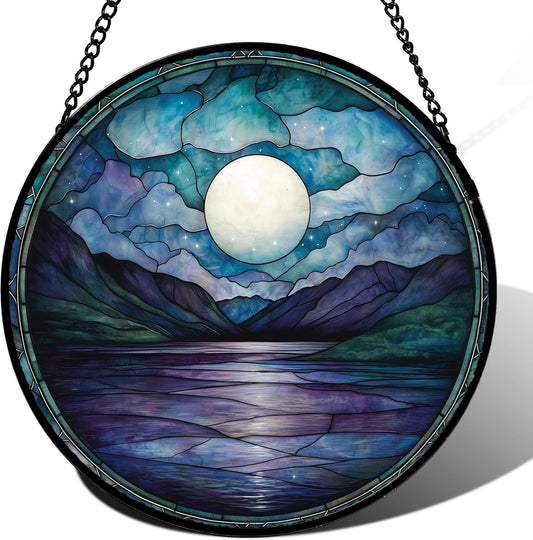 Stained Glass Window Hanging, Blue Night Moon Lake Sun Catchers Colorful Glass Panel Landscape