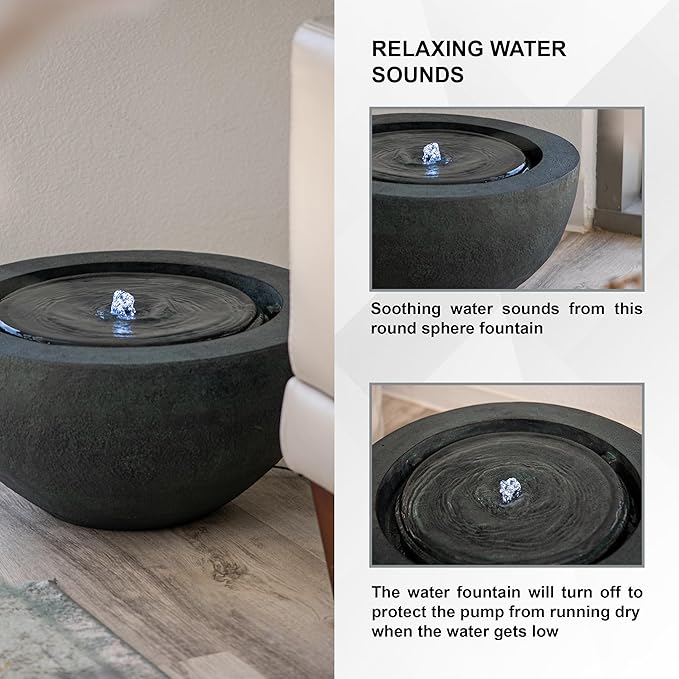 Xbrand 19.8" W Round Polyresin Indoor/Outdoor Sphere Water Feature w/LED Light, Garden Patio Fountain Decor, Dark Green, ALLS3542-2