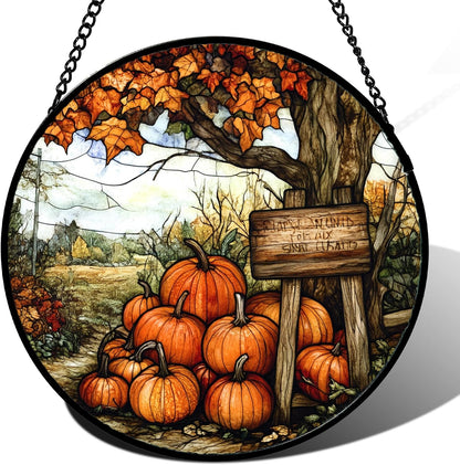 Stained Glass Window Hanging Fall Farm Scenery Maple Trees Pumpkin Large 11.8" - Suncatcher Door Garden Kitchen Sun Catcher Autumn Decor Birthday for Mom Nana Men Woman Friend