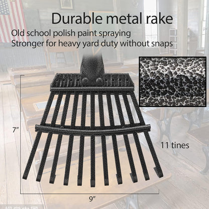 Oliynedy Adjustable Metal Garden Rake for Leaves - Long Handle 30-60", 11 Tines 9" Wide - Small Lawn Collapsible Yard Rake for Adults and Kids - Camping, Flower Beds, Mulch, Shrub