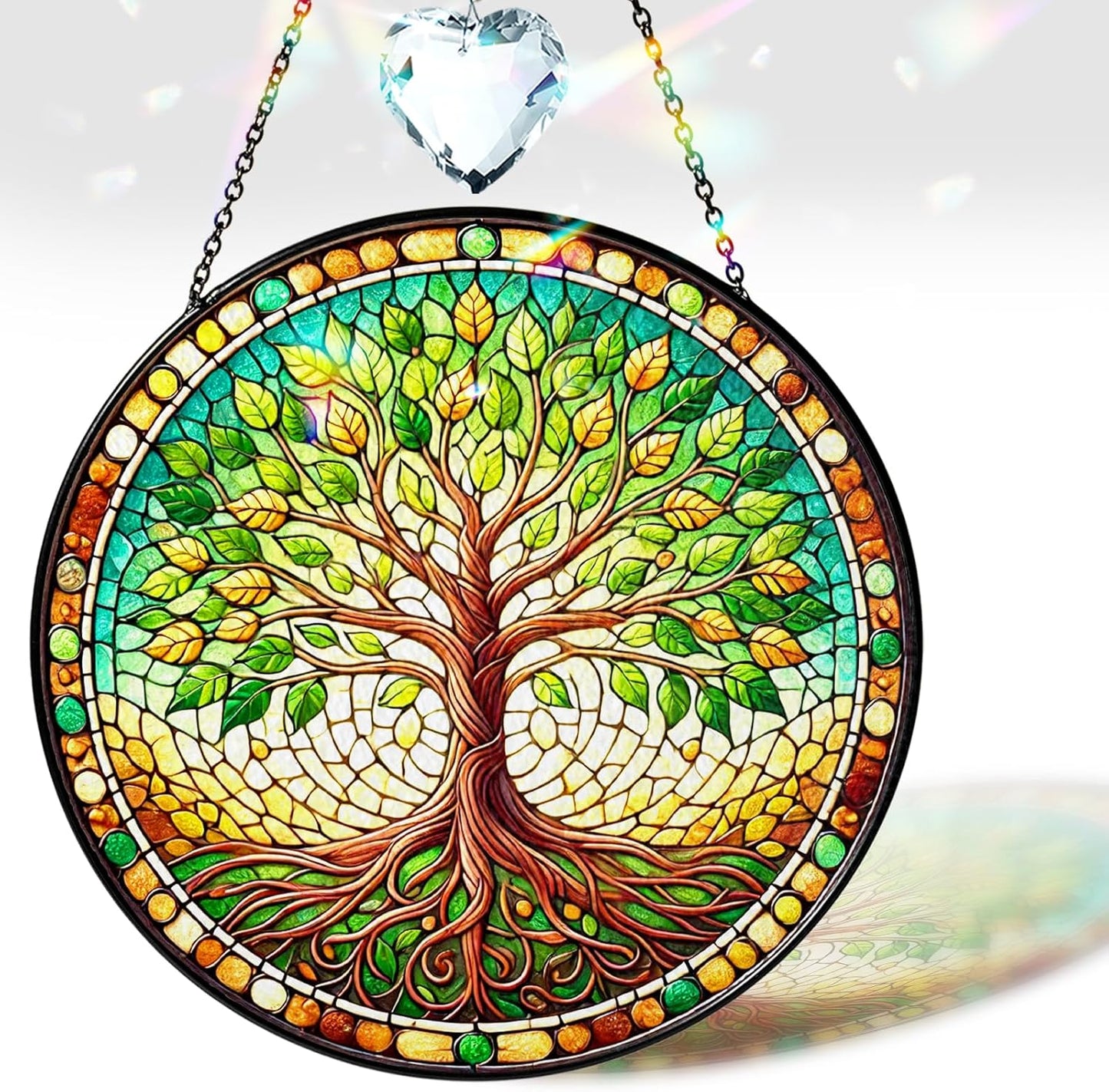 8" Tree of Life Stained Glass Suncatcher for Window, Handcrafted Boho Sun Catcher Decor, Spiritual Nature Ornament Gift for Women, Meditation Garden Home Office Wall Hanging Decoration
