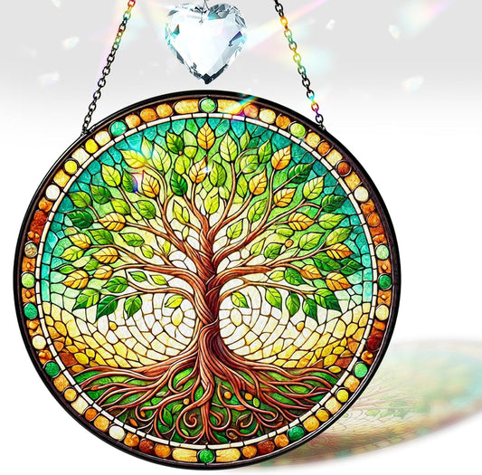 Personalized Tree of Life Stained Glass Suncatcher for Window, Handcrafted Boho Sun Catcher Decor, Spiritual Nature Ornament Gift for Women, Meditation Garden Home Office Wall Hanging Decoration