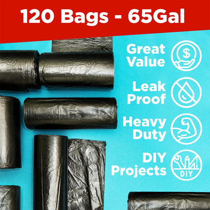 ToughBag 65 Gallon Trash Bags (120 Count) – 50x48" Large Black Garbage Can Liners – Made in USA