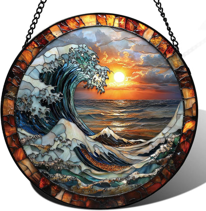 The Ocean Waves and The Sunrise Suncatcher -7.9 in Stained Glass Window Hanging Sun Catcher Garden Decor