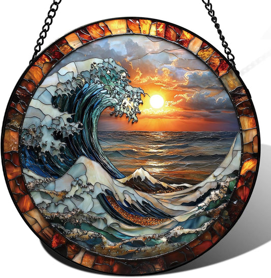 The Ocean Waves and The Sunrise Suncatcher -7.9 in Stained Glass Window Hanging Sun Catcher Garden
