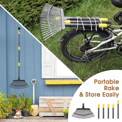 Leaf Rake 18” Wide Heavy Duty Metal 25 Tines Garden Rake Set with 30-90” Adjustable Long Handle for Yard Grass Shrub Mulch Including 32Gallon Garden Bag Leaf Scoops