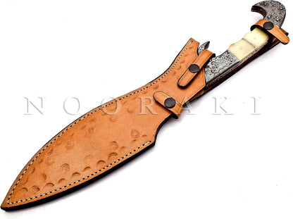 Nooraki MK-2007 Handmade Damascus Steel Fixed Blade Machete/Kukri Knife with Leather Sheath, Full Tang Multipurpose Knife with Camel Bone Handle for Hunting, Hiking, Camping, Survival, 18" Length