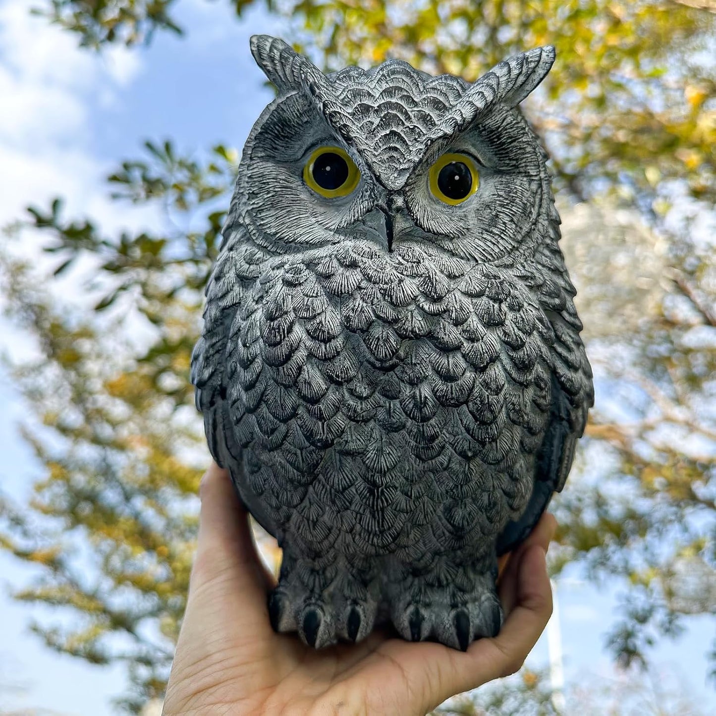 Realistic Owl Statue for Indoor & Outdoor Decoration, Effective Birds Deterrent for Garden, Patio, Yard, and Fake Owl Home Decor, Suitable for Outside Decor (Gray)