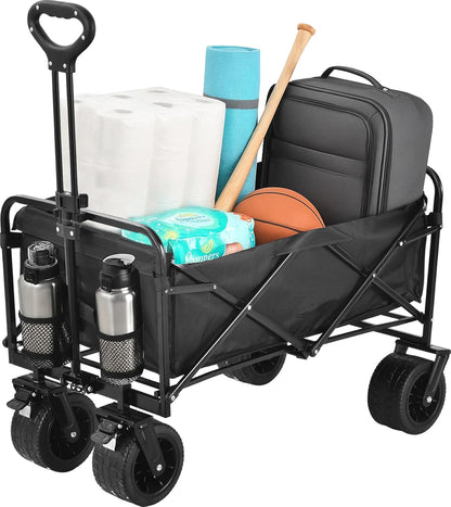 Collapsible Utility Wagon Cart, Heavy Duty Folding Garden Cart with Wheels, Black Steel Frame, 150 L Capacity - 330 LB Capacity