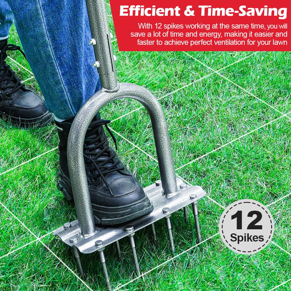 Lawn Aerator Tool, 43.3" Pre-Assembled Lawn Aerator with 12 3.5" Lengthened Iron Spikes, Efficient Manual Grass Spikes Aerator for Yard Aerating, Garden Tools, Easy to Use