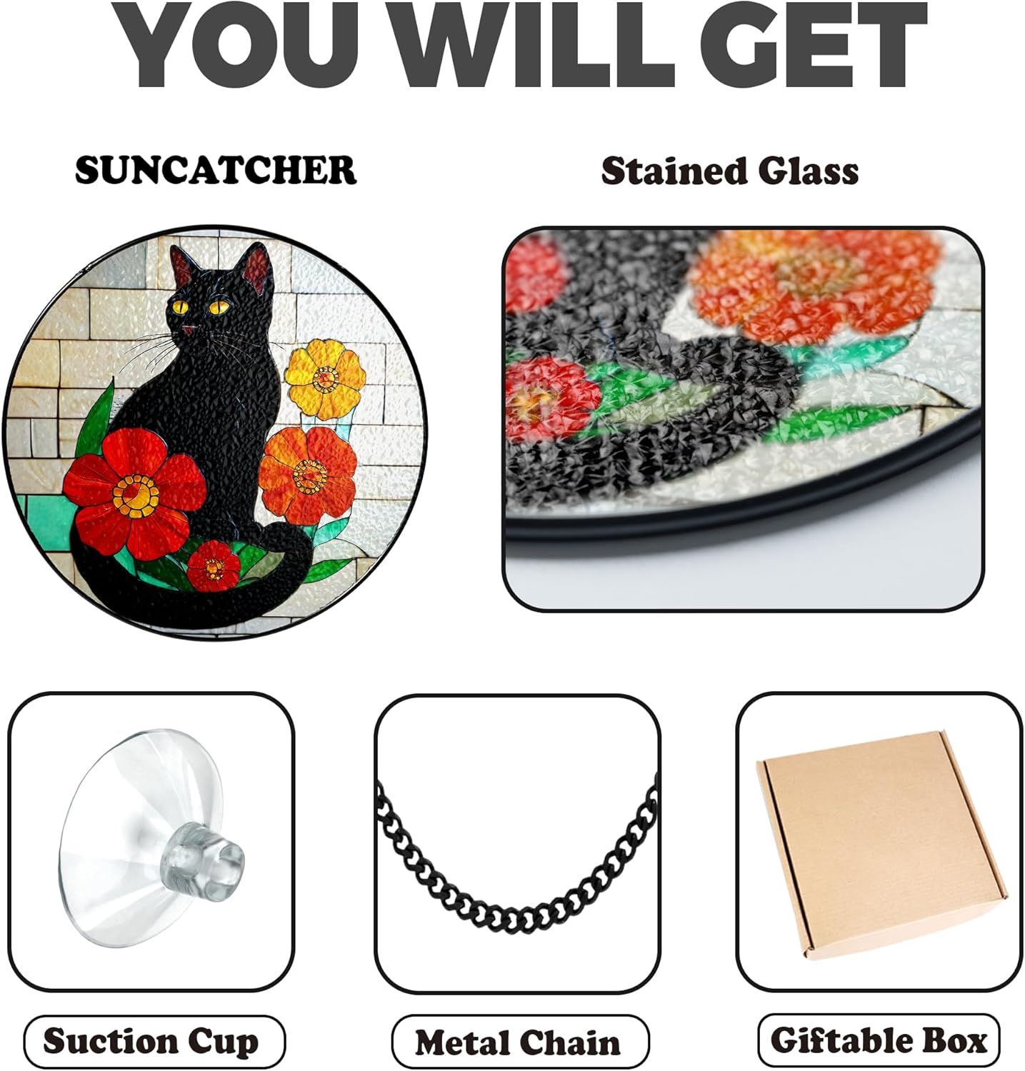 Black Cat Stained Glass Suncatchers Art Glass Cats Flowers for Sun Catcher Indoor Window Gifts for Pet Animal Nature Floral Lovers Women Grandma Mom Friend Painted Panel Décor