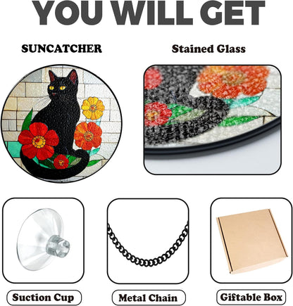 Black Cat Stained Glass Suncatchers Art Glass Cats Flowers for Sun Catcher Indoor Window Gifts for Pet Animal Nature Floral Lovers Women Grandma Mom Friend Painted Panel Décor