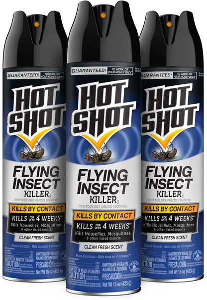 Hot Shot Flying Insect Killer, 15 Ounces, Aerosol Formula Kills Houseflies, Mosquitoes and Other Listed Flying Insects by Contact Indoors and Outdoors with Clean Fresh Scent, 3 Pack