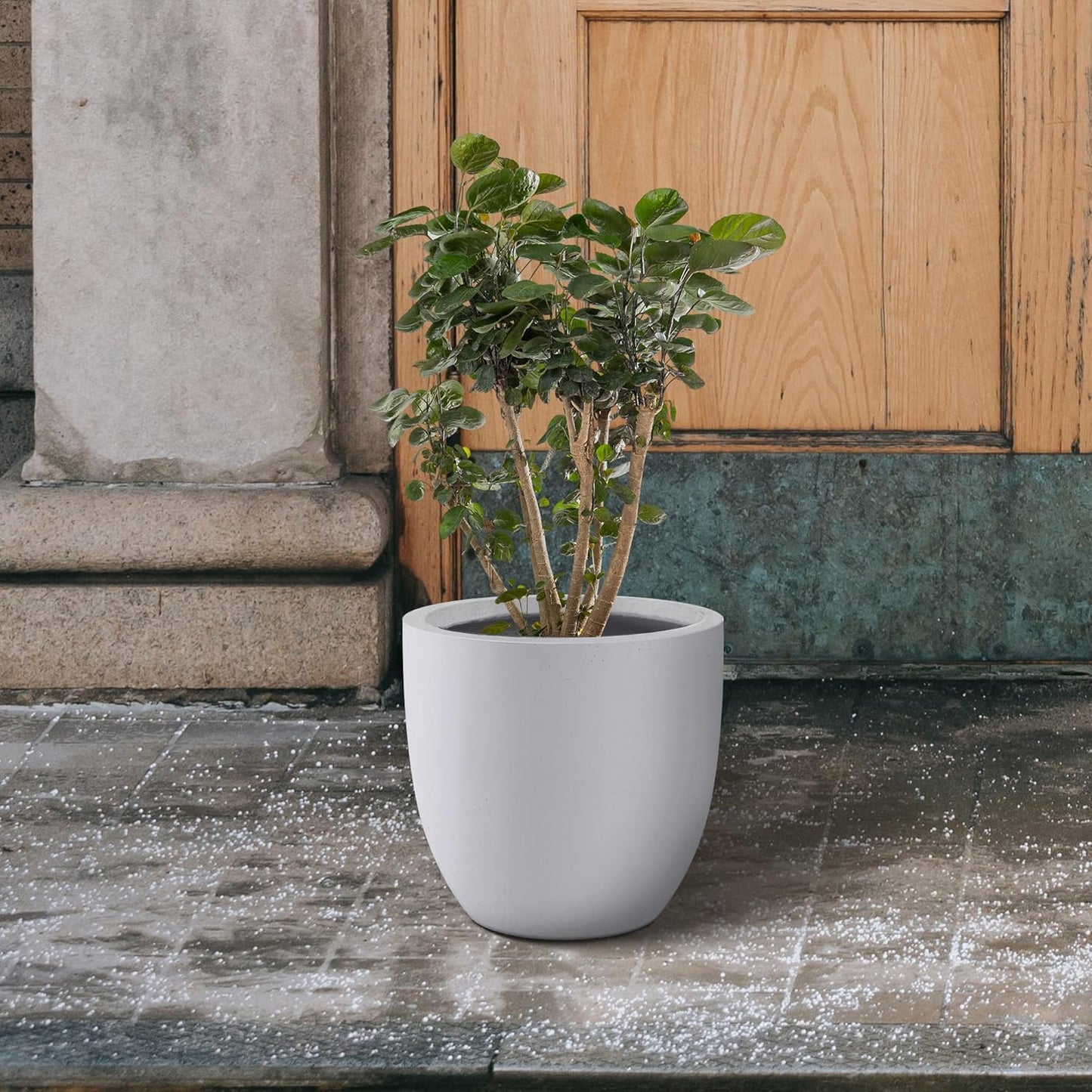 Kante 13.4" Dia Round Concrete Planter, Large Outdoor Modern Indoor Decorative Plant Pots with Drainage Hole and Rubber Plug for Home and Garden, Pure White
