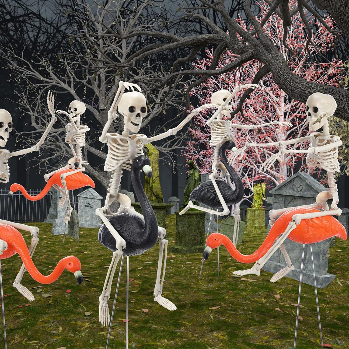 Geelin 12 Pcs Halloween Skeletons Flamingo Yard Decorations Skeleton Black Orange Buzzards Stakes for Halloween Lawn Garden Outdoor Party Decorations