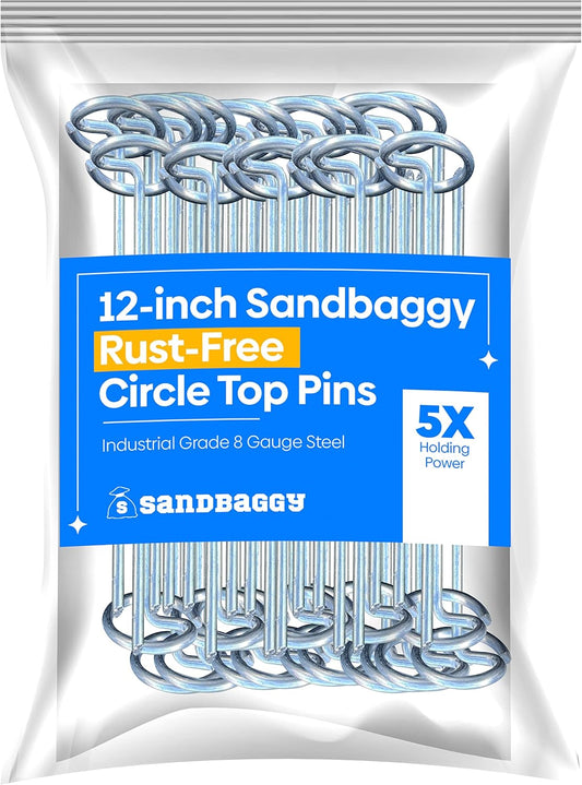 Sandbaggy 12-inch Circle Top Pins - Landscape Staples (Galvanized) - Garden Stakes for Landscaping, SOD - Heavy Duty Ground Stakes, Lawn Turf Spikes, Christmas Decorations, Weed Mats (100 Pins)