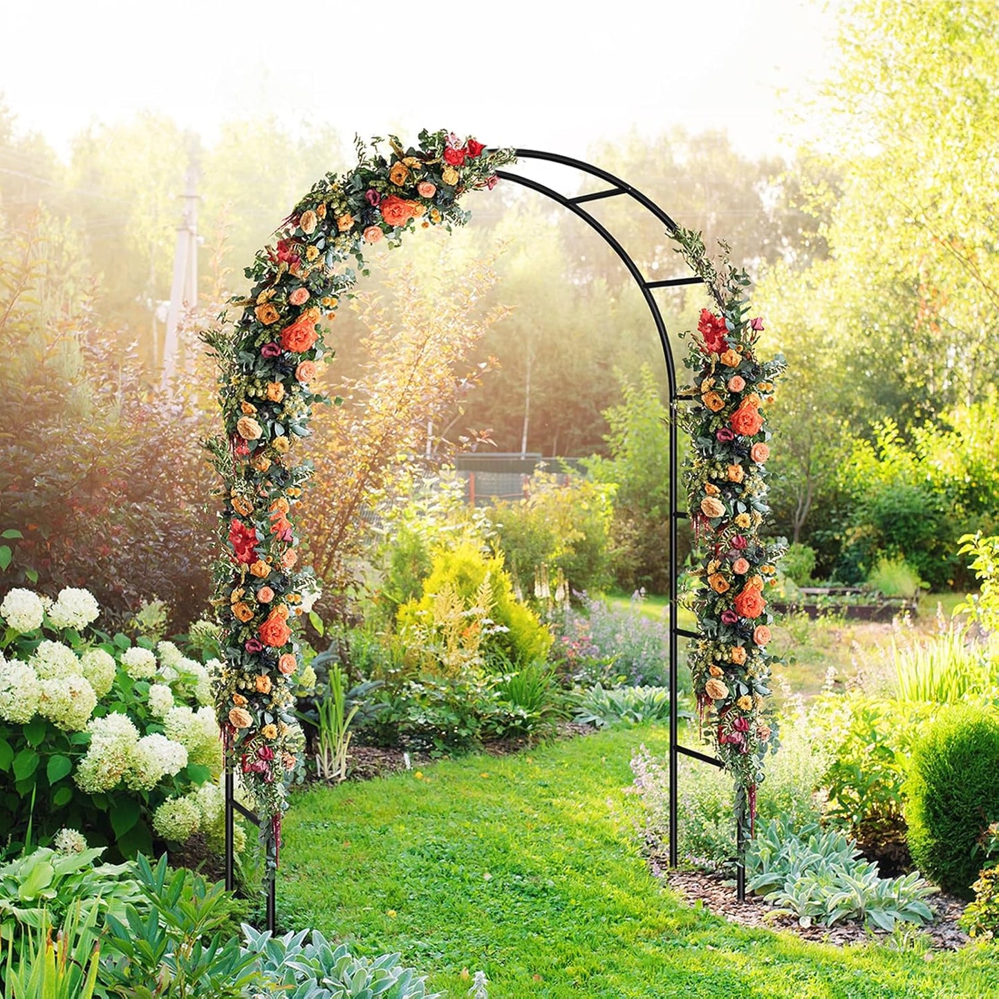 HEOMU Garden Arch Trellis, Metal Garden Arbor with Base, 5.3'W x 7.6'H or 7.9'W x 6.3'H, Assemble Freely 2 Sizes, Arch Trellis for Climbing Plants Outdoor Wedding Bridal Party Decoration, Black