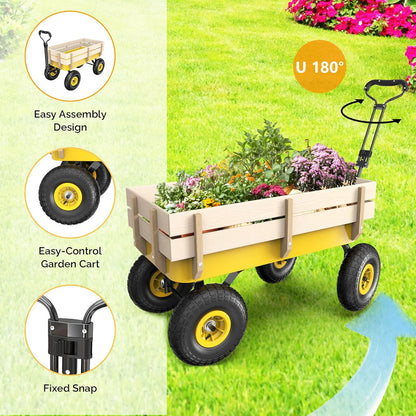 VINGLI Wagon Cart, Steel Frame and Wood Coated Railing, 330lbs All Terrain Wagon 9.2in Solid Tires for Garden and Outdoor (Yellow)