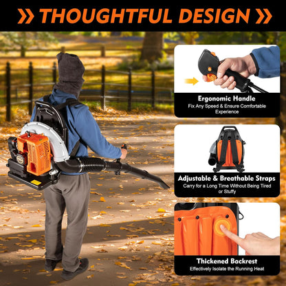 63CC Backpack Gas Powered Leaf Blower, Commercial 2.7kW 850CFM 4.3HP 2-Stroke Powerful Lightweight Gasoline Grass Lawn Blower with Harness Air-Cooled & 1.8L Fuel Tank for Yard Lawn Care, Snow Removal