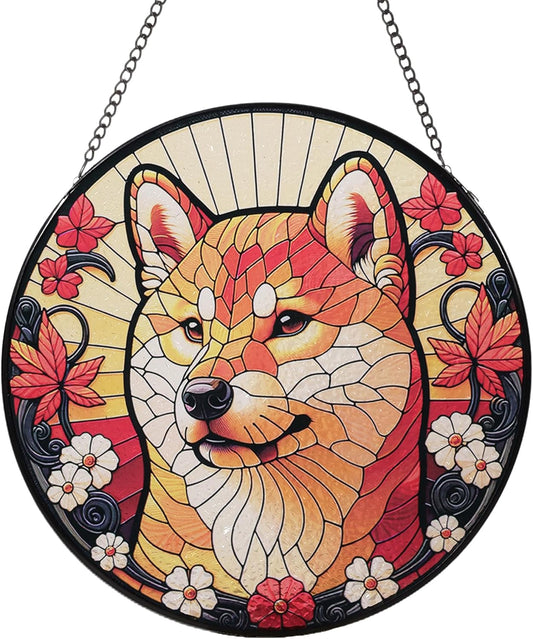 Stained Glass Dog Memorial Suncatcher,Shiba Inu Window Hanging,Sympathy Gifts for Pet Loss,7.9