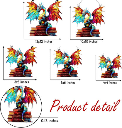 Book Dragon Acrylic Suncatcher Stained Glass Effect Window Car Hanging Christmas Ornament Indoor Outdoor Decor Garden Bookish Sun Catcher Panel for Books Lover for Women Mom Grandma