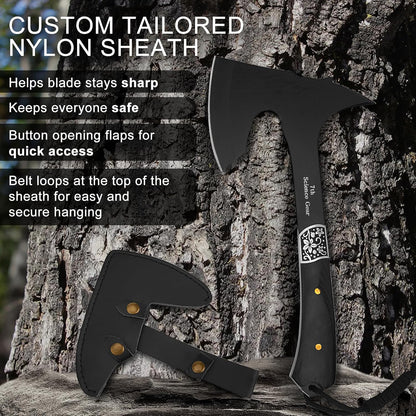 Camping Hatchet Axe with Leather Sheath – 13" Full Tang Compact Survival Tomahawk with Wood Handle for Outdoor Backpacking, Bushcraft, Hiking, and Camping