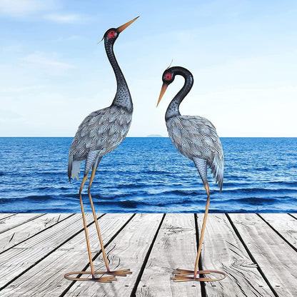Crane Statue Garden Décor, Metal Heron Statue Yard Art for Outdoor Patio Lawn Backyard Pool Front Porch Deocr, Bird Garden Sculpture & Statues, Set of 2, Black and White