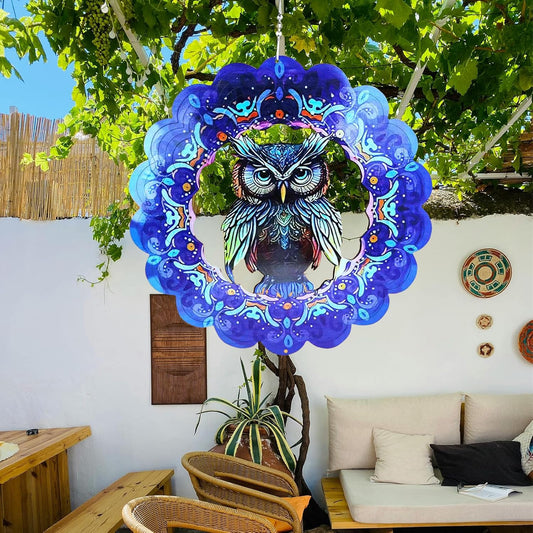 Wind Spinners Owl Arts12 inch 3D Stainless Steel Laser Cut Metal Art Geometric Pattern Wind Sculpture Hanging for Yard Garden Decorations Gifts Indoor Outdoor