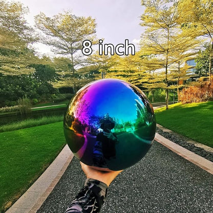 Rainbow Gazing Globe Mirror Ball in Stainless Steel, Shiny Hollow Sphere Sparkling Housewarming Outdoor Ornament (8 Inch)