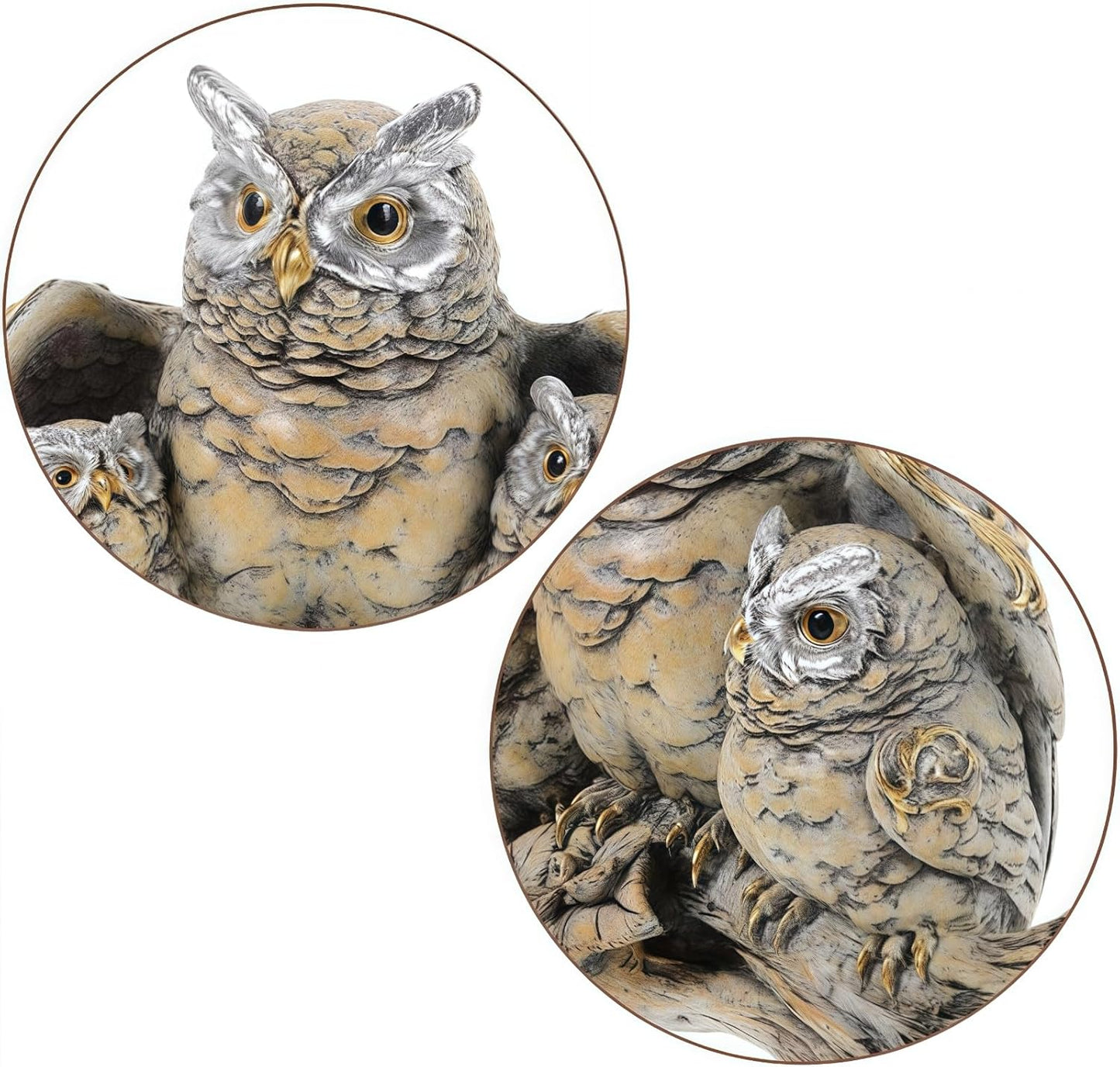 Resin Owl Statue with Spread Wings - Outdoor Garden, Patio, Office Decor Figurine: Family Parent & Two Baby Owls on Base (Grey-Black)
