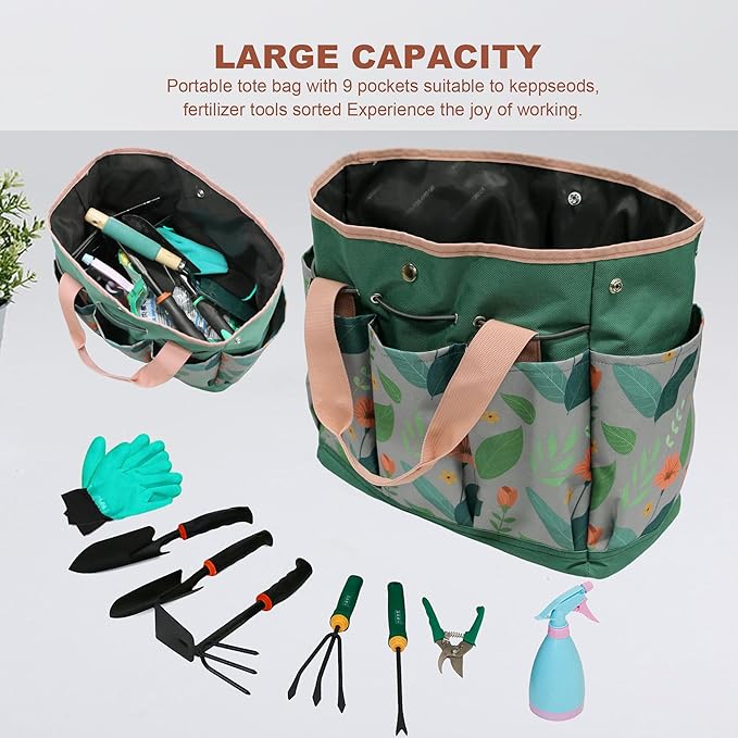 Garden Tool Bag, Portable Garden Tote Bag with Handle, Oxford Garden Tool Organizer Bag, Ideal Gardening Gifts for Wife and Parents, Tools Not Included(Orange Flower)